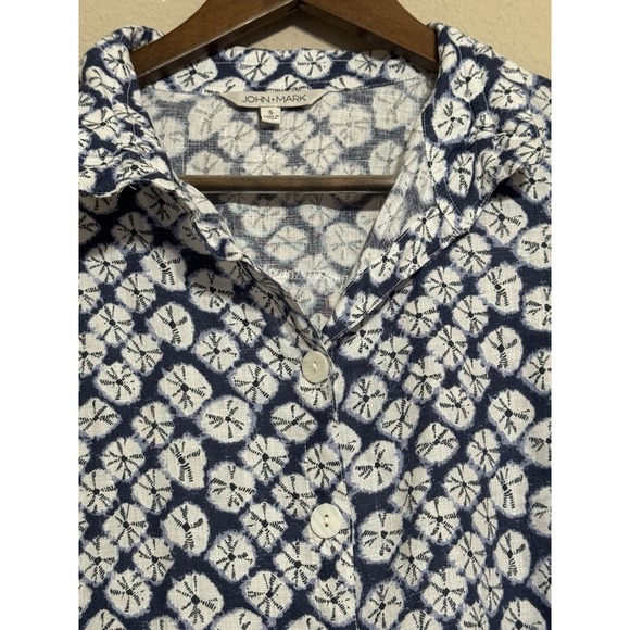 John Mark Women's Linen Tunic Top Small Button Up Pockets Roll Tab Coastal Beach - Picture 2 of 11